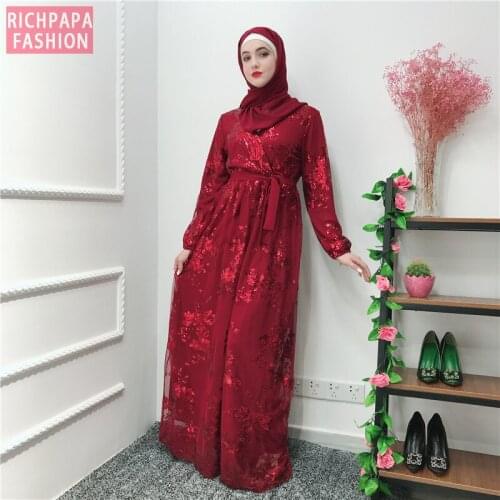 Sequin Lace Vestidos Abaya Kaftan Dubai Arabic Muslim Hijab Dress Caftan Eid Dresses Qatar Ramadan Elbise Robe Femme Musulmane