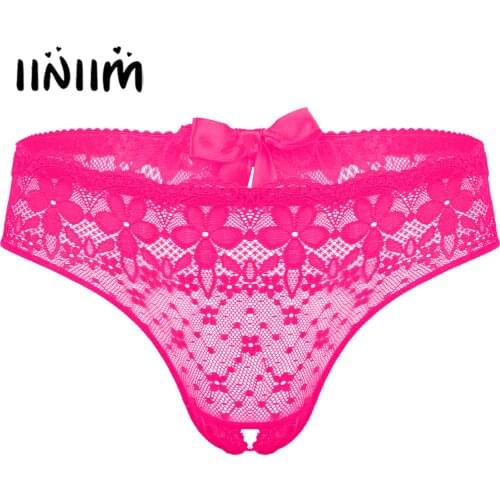 Flower Pattern Lace Crotchless Briefs Bowknot Low Rise Lingerie Undershorts Underwear See-Through Sissy Underpants for Men