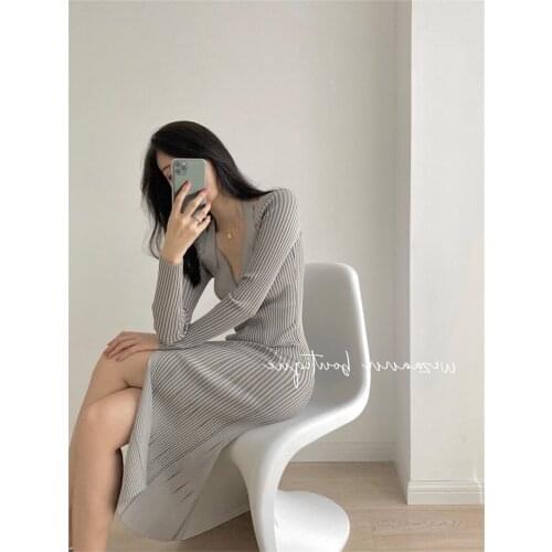 LMQ NEW Sexy Knee-Length Party Dresses Wrapped Knitted Long Sleeve V Neck Elegant Stretchy Solid Dress Sweater Bodycon