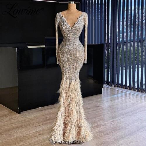 Lowime Champagne Beaded Muslim Long Sleeves Feathers Middle East Silver Beaded Crystals Engagement Evening Gowns Celebrity Dress