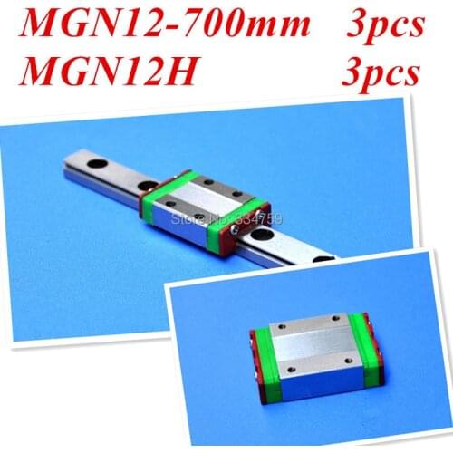 Miniature Linear Guide MGN12 12mm linear rail slide set: 3pcs MGN12 700mm rail+3pcs MGN12H carriage cnc parts