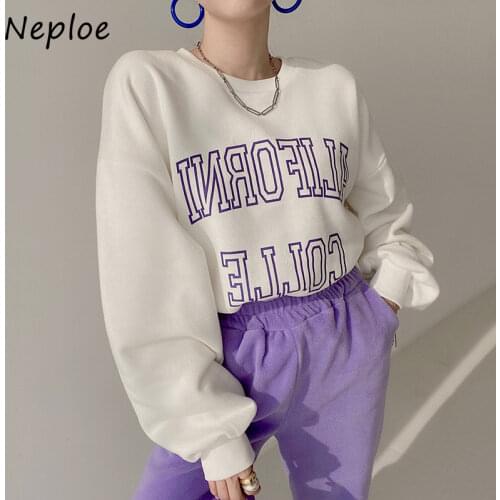Neploe Fashion Versatile O-neck Pullover Tops Femme Loose Casual Side Split Women Sweatshirts Long Sleeve Letter Print Hoodies