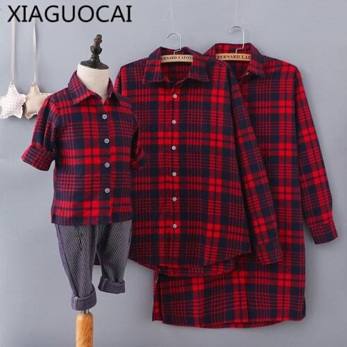 Family Matching Outfits father Children Blouse Mother Long Blouse Boys Girls Clothing Plaid T Shirts Sunscreen Dresses B75 10