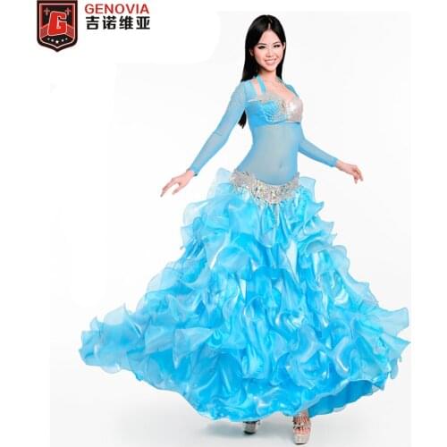 Size S-L Performance Women Dancewear Professional 4pcs Outfit Top Bra Belt Skirt Long Oriental Beaded Belly Dance Costume