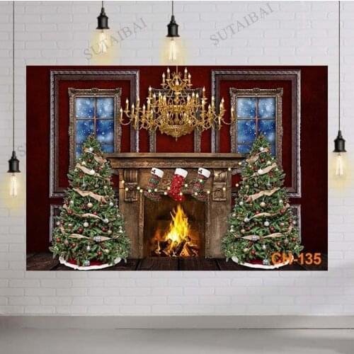 Christmas Backdrops Fireplace Window Winter Trees Socks Vintage Red House Room Baby Photography Background for Photo Studio