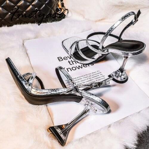 Women Summer Sandals Buckle Strap Super High Heels Front Rear Strap Bright Silver Peep Toe Pumps Narrow Band Fashion Non Slip