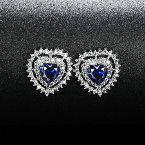 Luxury Female Blue Crystal Earrings Fashion Silver Color Heart Earrings For Women Dainty Love Wedding Stud Earrings