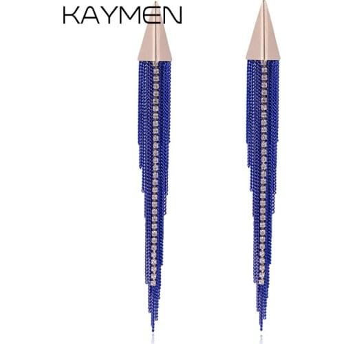 New arrival triangle and Tassels Charm Chains Earrings Golden with Black Chains Rhinestones Statement Drop Earrings for Women