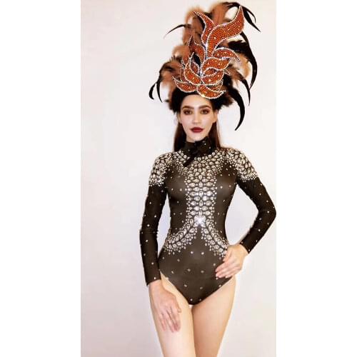 Shining Inlaid Diamonds Long Sleeve Bodysuits Turtleneck Tight Stretch Jumpsuits Pole Dancing Outfit Nightclub Costumes