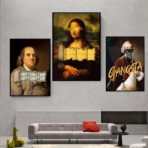 Vintage Mona Lisa Cat Creative Oil Painting Abstract Canvas Print Gold Foil Graffiti Art Letters Aesthetic Wall Art Decor Room
