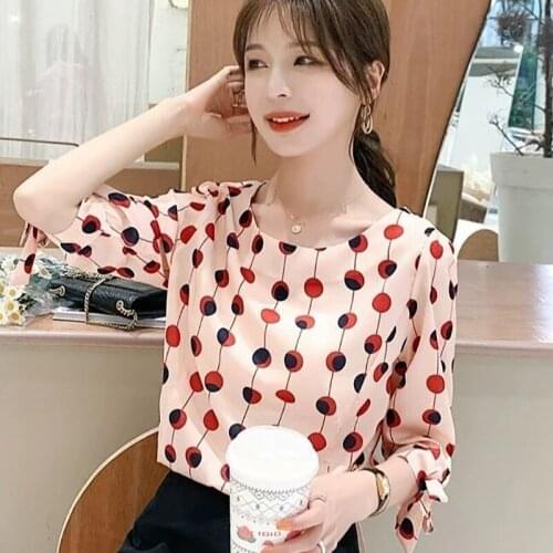 Women Spring Summer Style Chiffon Blouses Shirts Lady Casual Half Sleeve O-Neck Polka Dot Printed Blusas Tops ZZ0441