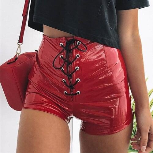 Women Leather Shorts Lace Up Wet Look Vinyl Pants Sexy Slim Bag Hip High Waist Hot Girls Short De Mujer Latex Pants Short Femme