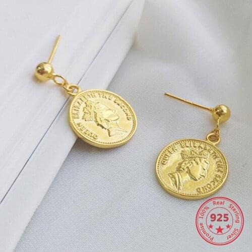 Korea New Style 925 Sterling Silver Stud Earrings Simple Fashion Chic Coins Gold Portrait Pattern Earrings For Women Jewelry