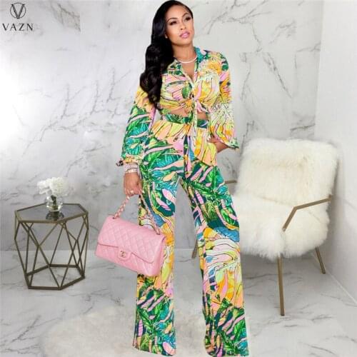 VAZN 2021 Lady Fashion New Casual Holiday Style Sets Long Sleeve Lapel Short Top Elastic Long Pants Printed 2 Piece Sets