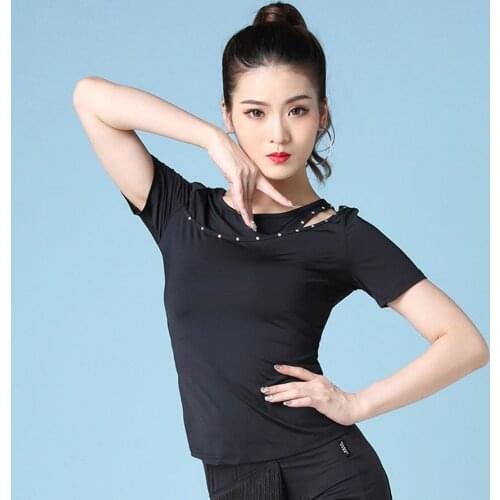 Black Short Sleeve Fake Diamond Neck Women Latin Dance Tops Latin Dancing Cloth Tango Chacha Dancing Performamnce SS048