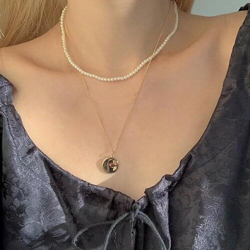 2021 New Fashion French Gold Color Double Layered Wave Pearl Necklace Cute Double Chain Pendant Women Jewelry Girl