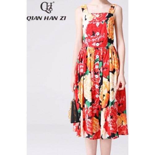 Qian Han Zi newest 2020 Designer fashion Runway summer dress Womens Spaghetti Strap Flower Print Button Sweet Elegant Dress