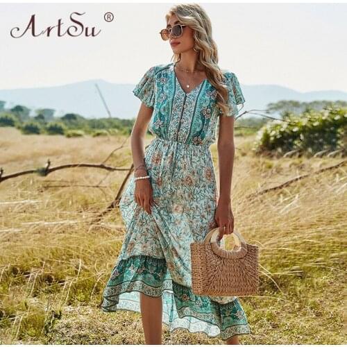 ArtSu Women Green Holiday Floral Print Short Sleeve Long Dress Summer Drawstring Waist A-Line Beach Dresses Elegant Vestidos