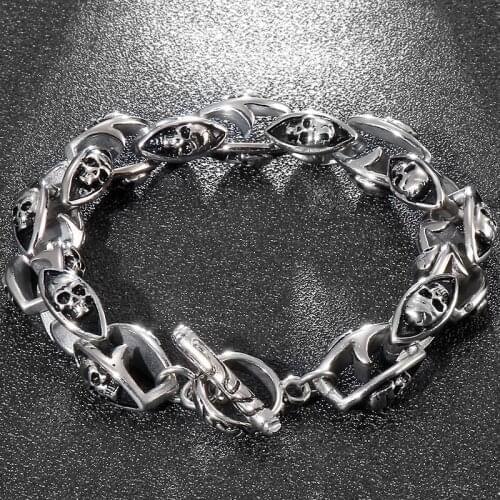 Punk Rock Skeleton Men Bracelet Skull Gothic 316L Stainless Steel 7.87" 9" Mens On Hand Chain Jewellery Iron Mannen Armband Hop