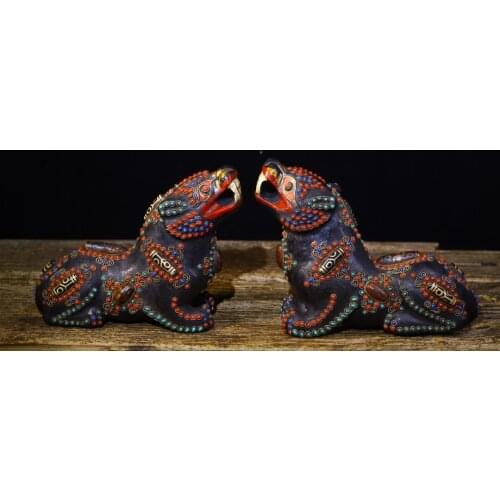 9"Tibet temple Old Natural meteorite Filigree mosaic Gem Dzi Bead Mythical beast A pair Tiger statue Town House Exorcism