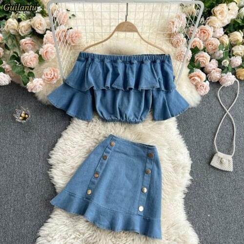 Guilantu Summer Denim Women Set Backless Crop Top And Mini Skirt Jeans Two Piece Set Outfits Harajuku Sexy 2 Piece Set Female