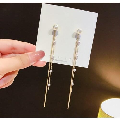 Korea Tassel Long Earrings Imitation Pearl Temperament Ear Line Charm Fairy Fashion Women Earrings Bridal Wedding Jewelry