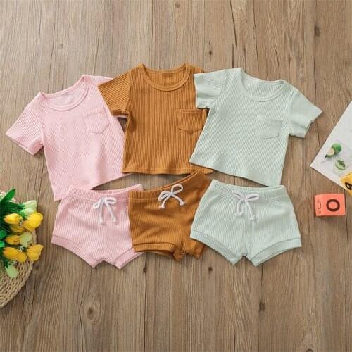 Summer childrens rib knit pocket T-shirt top + stretch shorts casual suit