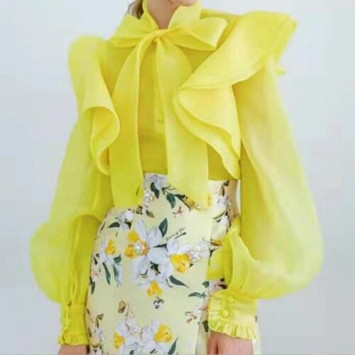 Sweet Bow Lace-up Ruffled Long Sleeve Transparent Gauze Shirt Summer Tops Women Blouse Chemise Blusa Plus Size S-XXL