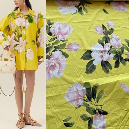 145cm Width Fashion Yellow Back Pink Flower Printed Cotton Or Imitate Silk Satin Fabric For Woman Summer Dress Blouse DIY Cloth