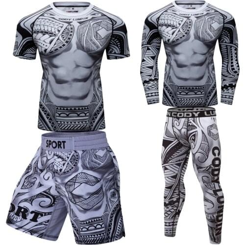 Mens Sport Compression Suit Running Set MMA Boxing Shorts Rashguard Workout Gym Clothing Sportswear Training Fitness Tracksuit