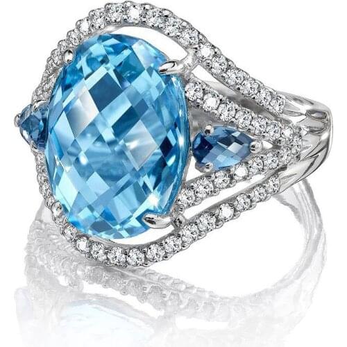 USTAR New Big Oval Blue CZ Stone Wedding Rings for women Shiny Crystals Wide Finger Engagement Rings Female Anel Jewelry