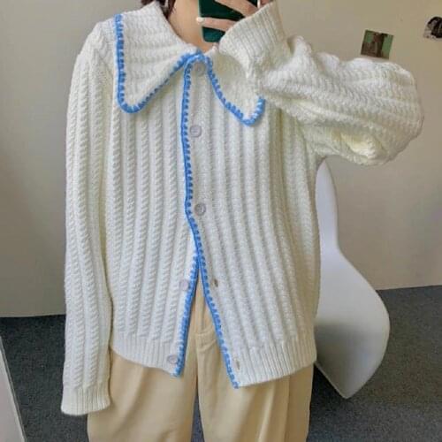 Retro Lapel Single Breasted Sweater Womens Spring And Autumn Loose Thickened Cardigan Knitted Top