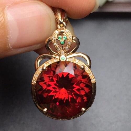 Fine Jewelry Real 18K Rose Gold 100% Natural Red Topaz Gemstone Pendant Necklace