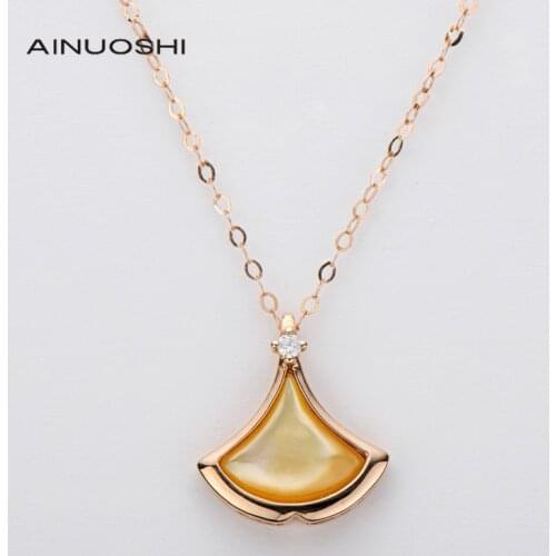 AINUOSHI 18K Gold 0.015ct Real Diamond & Multi-Color Mother-Of-Pearl Classic Skirt Pendant Necklace for Women Charm Jewelry 18