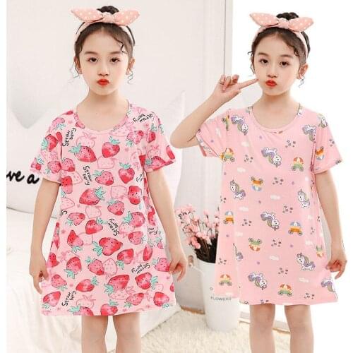 Girls Unicorn Pajamas Nightgown New Summer Short-sleeved Nightdress Ice Silk Night Dress For Kids Dressing Gown Baby Sleepwear