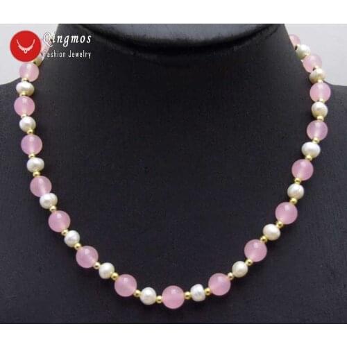 Qingmos Natural 6-7mm Round White Pearl Necklace for Women with 8mm Natural Pink Jades Necklaces Stone Jewelry 17" Chokers