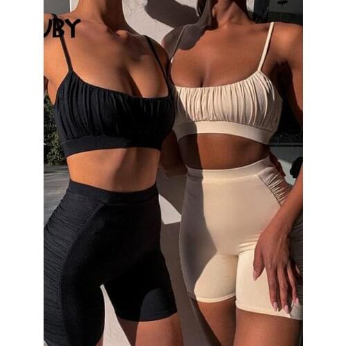 SRUBY Ruched Sexy Bodycon Two Piece Set Women Crop Top Pants Solid Sleeveless Tracksuit Set Female Summer Party Midi Outfit 2020