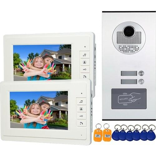 7 Inch 2 Units Apartment Video Door Phone Intercom System Wired Video Doorbell with ID Card for Home Multiple Apartment