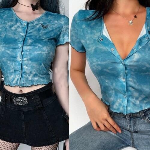V neck Tie-dye Short Sleeve Female T Shirt Crop Top Blue Casual Butterfly Embroidered T Shirt Summer Sexy Women Top