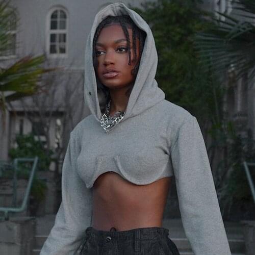 Women Loose Hoodies Female Autumn Solid Color Long Sleeve Crop Tops Streetwear Hooded Pullover