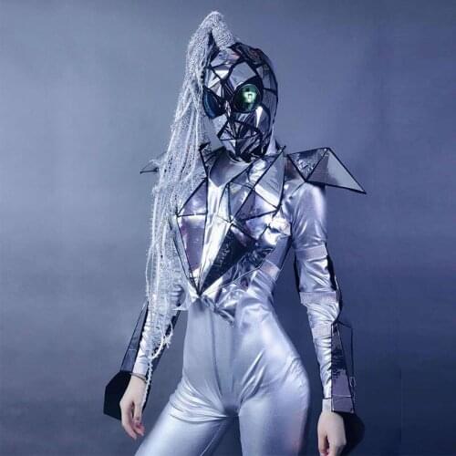 Future technologySilver mirror costume show stage jumpsuit set soldier men and women gogo dance team party rave costume mask