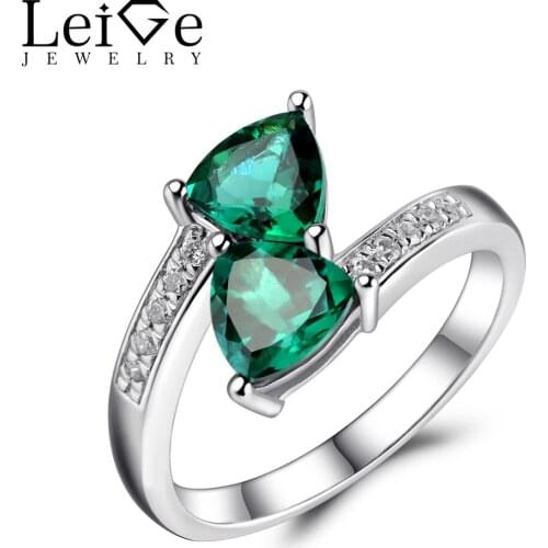 Leige Jewelry Emerald Ring Triangle Cut Double Stone Engagement Wedding Rings 925 Sterling Silver for Women Christmas Gift