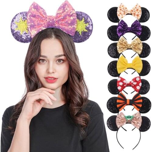 Cartoon Bows Glitter Mouse Ears headband Girls 5'' Bow sequin Hairband Holiday Party Cosplay Adult/Kids Gift