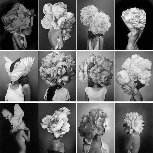 Black White Flower Woman DIY Diamond Painting Cross Stitch Wall Bedroom Living Room 5D Diamond Embroidery Wall Decor Art