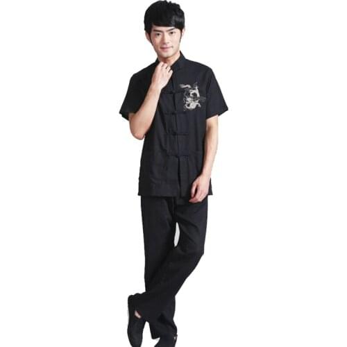 Black New Chinese Traditional Mens Cotton Linen Embroider Dagon Kung Fu Suit Short Sleeve Wu Shu Sets Uniform S-3XL 11321