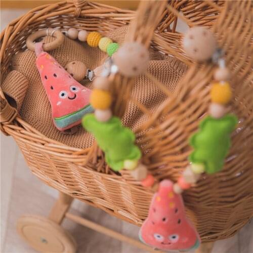Baby Silicone Teethers Wooden Rings Baby Stroller Chain Wooden Teether Baby Toy Fruit Cart Chain Pendant Rattle Bell Baby Care