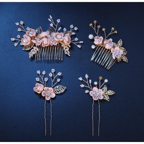 Pink Flower Hair Combs Pearl Wedding Hairpins Blue Floral Head Decoration Women Bridal Hair Ornament Leaf Rhinestone Combs