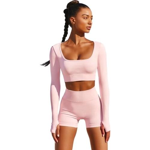 Summer Yoga Set Women Two 2 Piece Pink Long Sleeve Crop Top T-Shirt Shorts Sexy Sportsuit Workout Outfit Gym Sport Set
