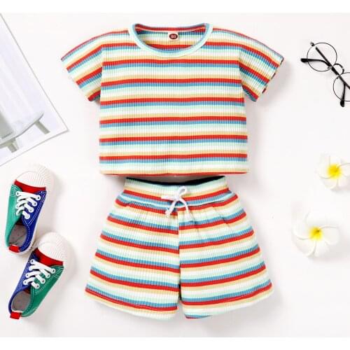Summer 2pcs Casual Clothes Set For Infant Baby Girl Outfits Short Sleeve T-shirt + Shorts Trousers Set Stripe Toddler Suit