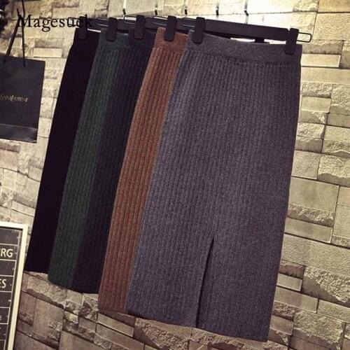 2020 Autumn and Winter New Elegant Bottom Split Solid Woolen Skirt Mid-length Thick Knitted H-Line Bottoming Hip Skirt 12023
